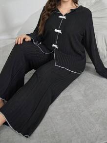 Lazeform 1set Soft Solid Color Ribbed Trim Bow Decor Loungewear Set