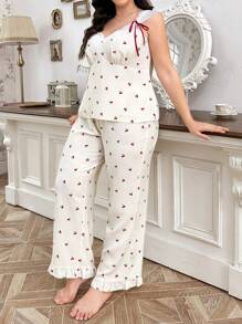 CottageSlumber Plus Size Women French Vintage Cherry Lace Trim Contrast Color Bow Detail Top & Pants Pajama Set, Outfits  Cozy And Elegant Details - Apricot - View 3