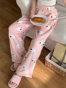 DAZY 可爱动物图案加厚法兰绒宽松蓬松裤，秋冬皆宜，舒适保暖 - 粉色 - 查看 3