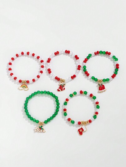 Kawaii Set di 5 braccialetti natalizi carini, con campana di Babbo Natale, calze arcobaleno, ciondolo a cartone animato e perline di cristallo