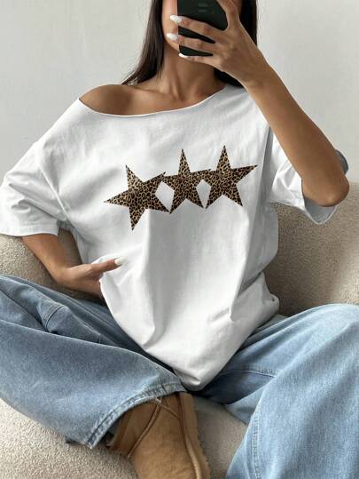 Flirla 1pc Asymmetrical Neck Loose T-Shirt With Pentagram & Leopard Print, Oversized Graphic Tees Women Tops