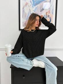 EURMUSE Women's Asymmetric And Pon Pon Knit Pattern Detailed Sweater - Black - View 6