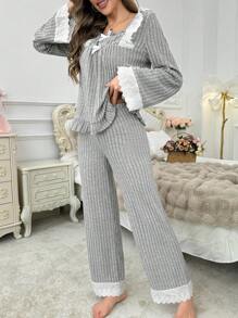Conjunto de ropa de dormir de manga larga con cuello cuadrado y ribete de color contrastante, de ajuste suelto para primavera y otoño