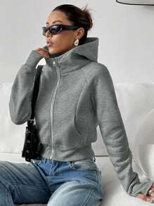 SHEIN EZwear Women Casual Everyday Zipper Front Hooded Pullover Sweatshirt With Raglan Sleeves, Autumn Graduation,Back To School Outfits,Graduation,Teacher Outfits For Women,Back To School