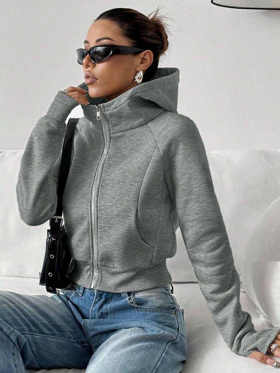 SHEIN EZwear Women Casual Everyday Zipper Front Hooded Pullover Sweatshirt With Raglan Sleeves, Autumn Graduation,Back To School Outfits,Graduation,Teacher Outfits For Women,Back To School