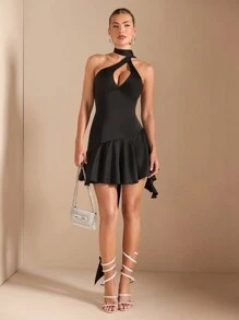 SHEIN BAE Women's Elegant Satin Cocktail Dress With Cutout, Ruffle Trim And Long Ribbons, Suitable For Romantic Dates, Parties, Formal Events, Christmas, And Wedding Guest Dresses, Autumn/Winter