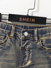 SHEIN 男童复古做旧水洗破洞高弹牛仔裤，适合日常穿着 - 中等水洗藍 - 查看 7