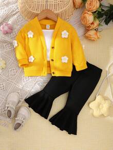 Bộ đồ sơ sinh cho bé gái 3 món - Áo len cardigan màu vàng, áo hai dây màu trắng, quần ống loe màu đen, phong cách thường ngày - màu xanh lá - Xem 3