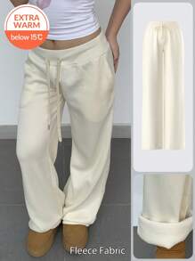 SHEIN BASICS Women's Casual Solid Color Woven Low Waist Straight Pants, Cozy Chic, Daily Commute, Warm Comfort, Thermal Treats - Apricot - View 1