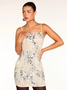 Glamine Vestido de fiesta de mujer con decoración de lentejuelas y tirantes finos