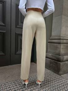 RueChic Urban Style Cigarette Shape Crop Pants With Button Detailed For Everyday - Beige - View 2