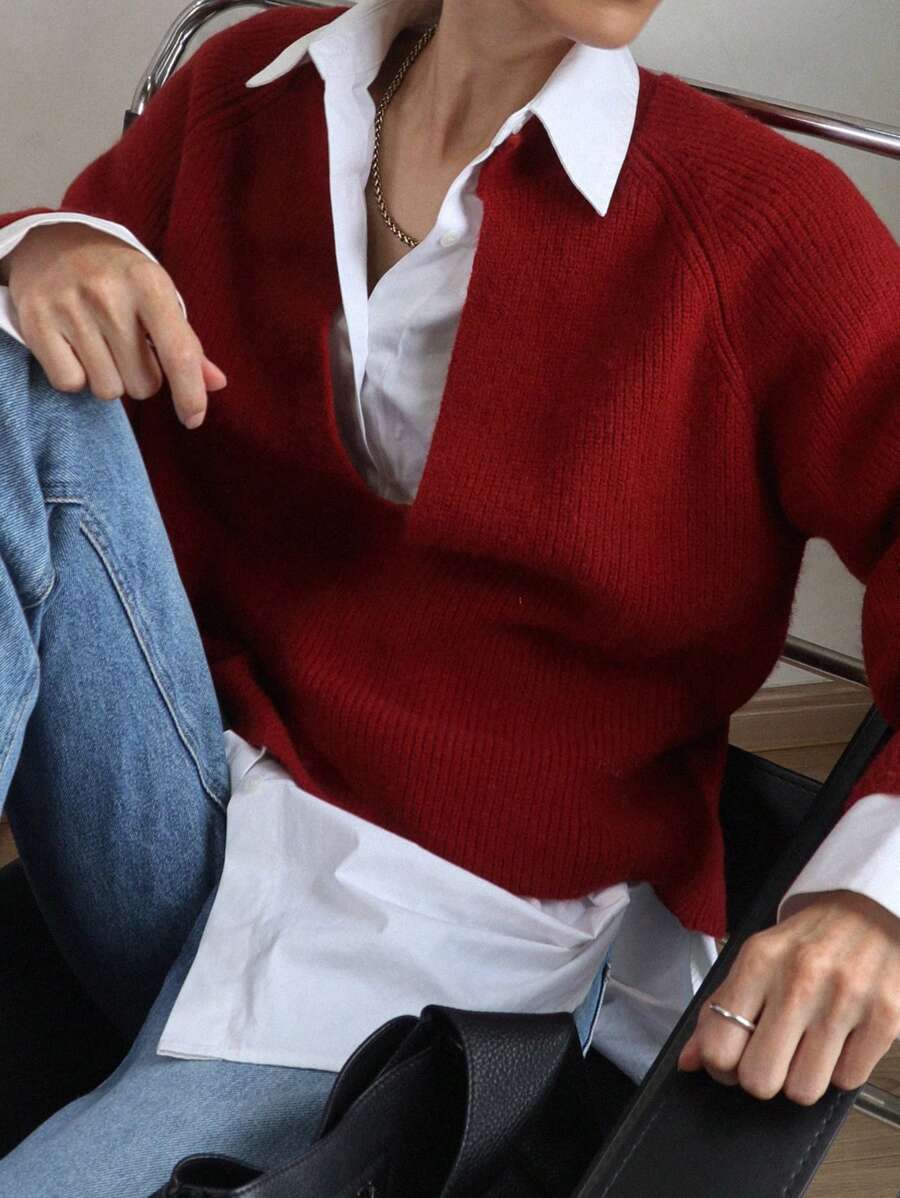 DAZY 圣诞红色纯色宽松圆领长袖女式毛衣，节日 - 紅色 - 查看 1