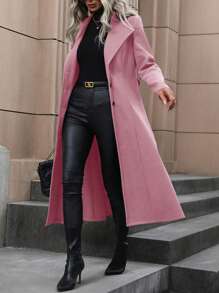 SHEIN Clasi Women's Solid Color Belted Long Sleeve Lapel Overcoat