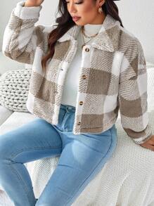SHEIN LUNE Plus Size Plaid Fleece Jacket Winter Women Clothes Holiday Fall Autumn - Mocha Brown - View 3