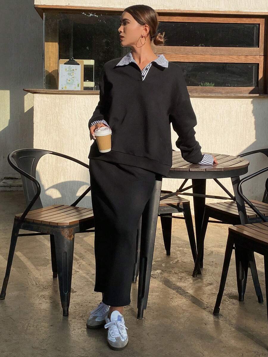 DAZY 女士拼接撞色宽松长袖卫衣A字裙两件套,秋季女装休闲套装 - 黑色 - 查看 1