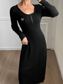 DAZY 蝴蝶图案针织长袖修身毛衣裙，女式秋季服装 - 黑色 - 查看 3