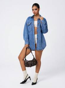 Jeanoix Áo khoác denim trơn cài nút phía trước thường ngày cho nữ và áo khoác ngoài, tay dài - Màu xanh lam - Xem 6