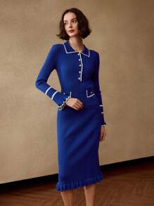 MOTF Vestido de punto acanalado con mangas abombadas y ribetes de contraste - Azul - Ver 7