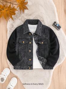 Cozy Pixies 年轻男孩时尚休闲黑色牛仔翻领拼接黑色针织长袖夹克男童服装日常装和秋冬儿童服装