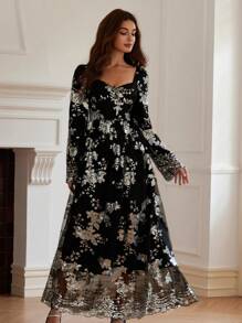 GENKIRA 1 件女士优雅锁孔领闪亮亮片花卉印花腰部收腰派对礼服女士优雅连衣裙 - 黑色 - 查看 4