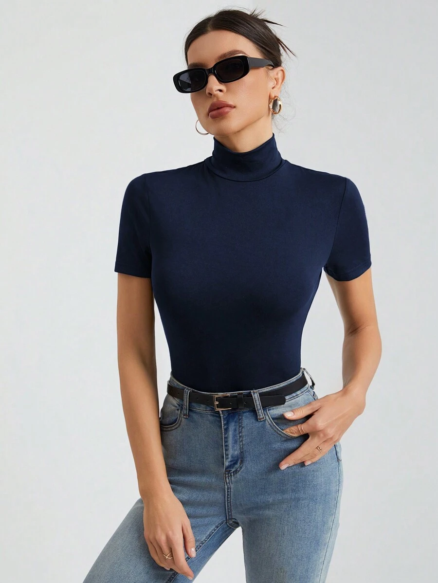 SHEIN Tall Women's Solid Color Basic Black Turtleneck Short-Sleeved T-Shirt - Navy Blue - View 1
