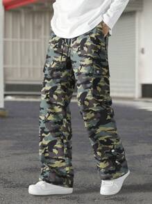 Manfinity Homme Men's Lace Up Front Multiple Pockets Camo Casual Pants, Everyday Wear, Going Out Camo Long Baggy Pants, For Husband, Boyfriend Gifts - Multicolor - View 3