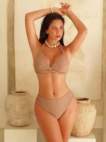 SHEIN Swim Textured Fabric V-Neck Twist Front Top And Regular Shorts 2PCS Women Bikini Set, Vacation Style Summer