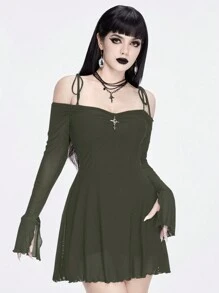 ROMWE Goth Sexy Off Shoulder Twist Mesh Cross Pendant Bodycon Dress - Army Green - View 1
