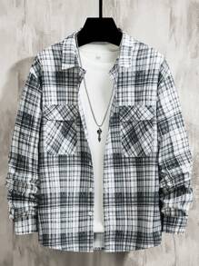 Manfinity Homme Herren lässiges Kollegstil Hemd mit gedruckter Klappe, Tasche und Dropschulter, weiter Schnitt, Langarm, für den Herbst - Schwarz und Weiss - Übersicht 3
