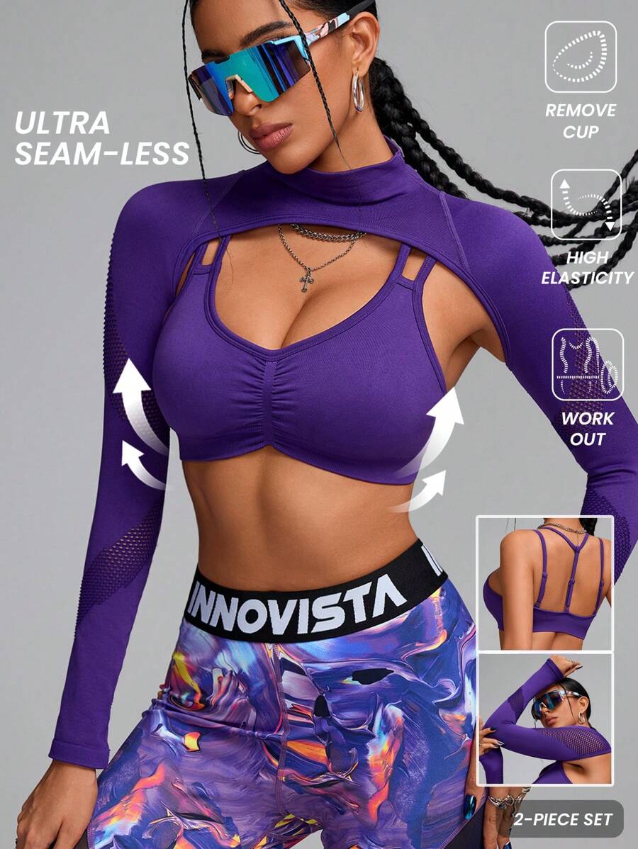 Innovista 女士高弹无缝运动T恤两件套，两件装，健身女式T恤，日常休闲及运动T恤，高弹支撑运动文胸，健身套装，秋冬女装，户外，滑雪，瑜伽锻炼，健身服，紫色，跑步锻炼实用时尚，清凉服饰系列 - 紫色 - 查看 1