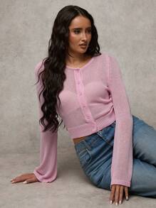 SHEIN BAE Women's Solid Color Single Breasted Cropped Casual Cardigan, Autumn