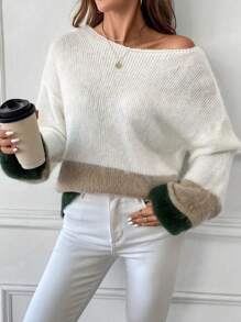 SHEIN LUNE 1pc Soft & Relaxed Chunky Contrast Color Loose Knit Sweater, Autumn/Winter Knit Pullover Fall - Multicolor - View 5