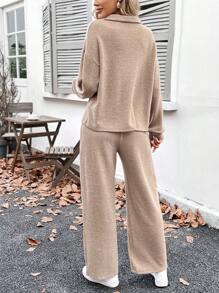 SHEIN LUNE 2 件套女士冬季新款杏色基本款保暖家居服套装，马球领长裤棕色休闲套装冬季套装女士服装冬季 - 杏色 - 查看 2