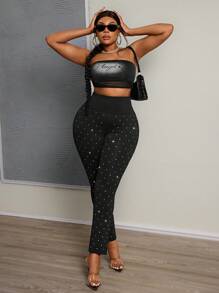 Slaydiva Plus Size Women Fashion High Waist Rhinestone Embellished Skinny Pants