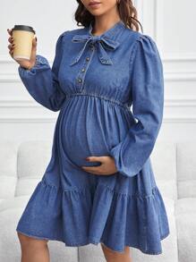 SHEIN Maternity Denim Dress With Loose Long Sleeve Shorts, Blue