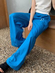 INAWLY Women Elastic Waist Flowy Wide Leg Casual Sports Pants - Blue - View 7