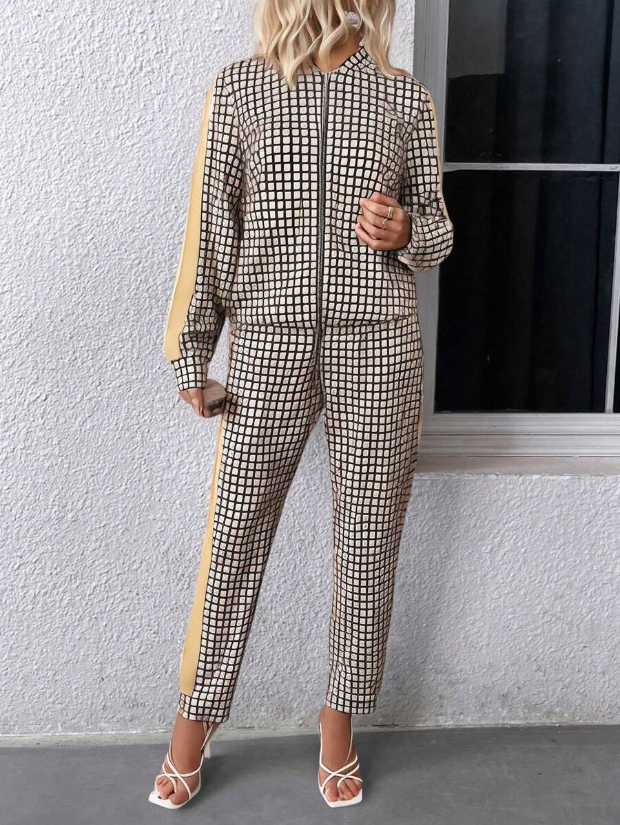 SHEIN LUNE 2pcs Women Simple Solid Color Zip-Up Front Long Sleeve Top And Pants Casual Suit Set Fall Cloth For Women - Multicolor - View 1