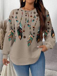EMERY ROSE Sudadera holgada de tejido gofrado informal y minimalista para tallas grandes con estampado de plumas azules y verdes sobre base beige