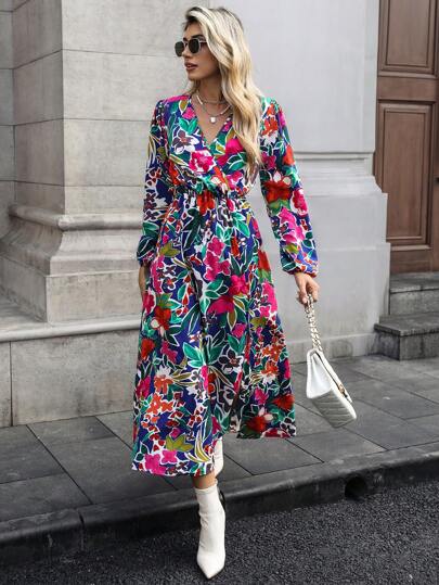 SHEIN Clasi Women's Vacation Vibe Full Floral Print Surplice Neck Lantern Sleeve Cinched Waist Dress, Spring/Autumn