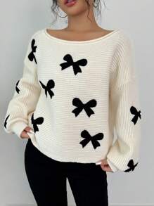 Chiquease Áo len nữ tay dài cổ tròn dáng rộng thêu nơ, thích hợp mùa thu/đông, kiểu áo chui đầu. - Màu be - Xem 1