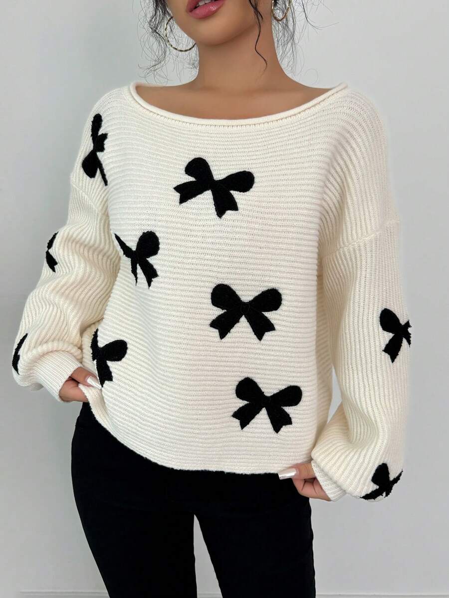 Chiquease Áo len nữ tay dài cổ tròn dáng rộng thêu nơ, thích hợp mùa thu/đông, kiểu áo chui đầu. - Màu be - Xem 1