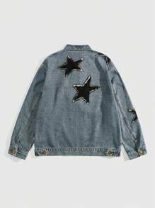 ROMWE MEN Street Life Men's Autumn Letter & Pentagram Pattern Long Sleeve Zip Up Casual Denim Jacket - Black - View 2