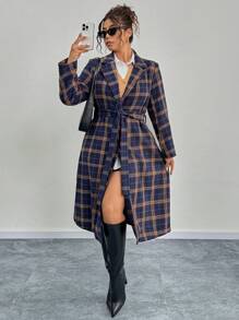 SHEIN Unity 秋季大码休闲复古蓝色格子翻领夹克 - 藍色 - 查看 2