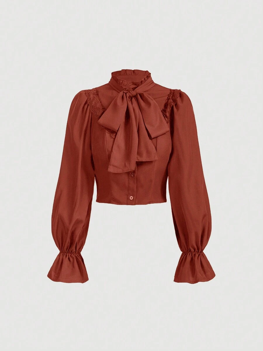 SHEIN MOD 1 件女式纯色立领、系腰、蕾丝荷叶边喇叭袖衬衫，秋季 - 棕色 - 查看 1