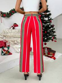 SHEIN Essnce Pantalon droit à jambes larges, imprimé de rayures, style décontracté pour femmes. Couleur rouge Noël. Vêtements de femme pour les fêtes - Rouge - Voir 6