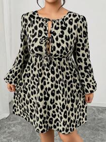 SHEIN Frenchy Plus Size Bowknot Strap Leopard Print Dress, Women Fall - Grey - View 6