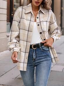 INAWLY Áo sơ mi dài tay cài nút họa tiết kẻ caro thường ngày cho nữ - trắng - Xem 1