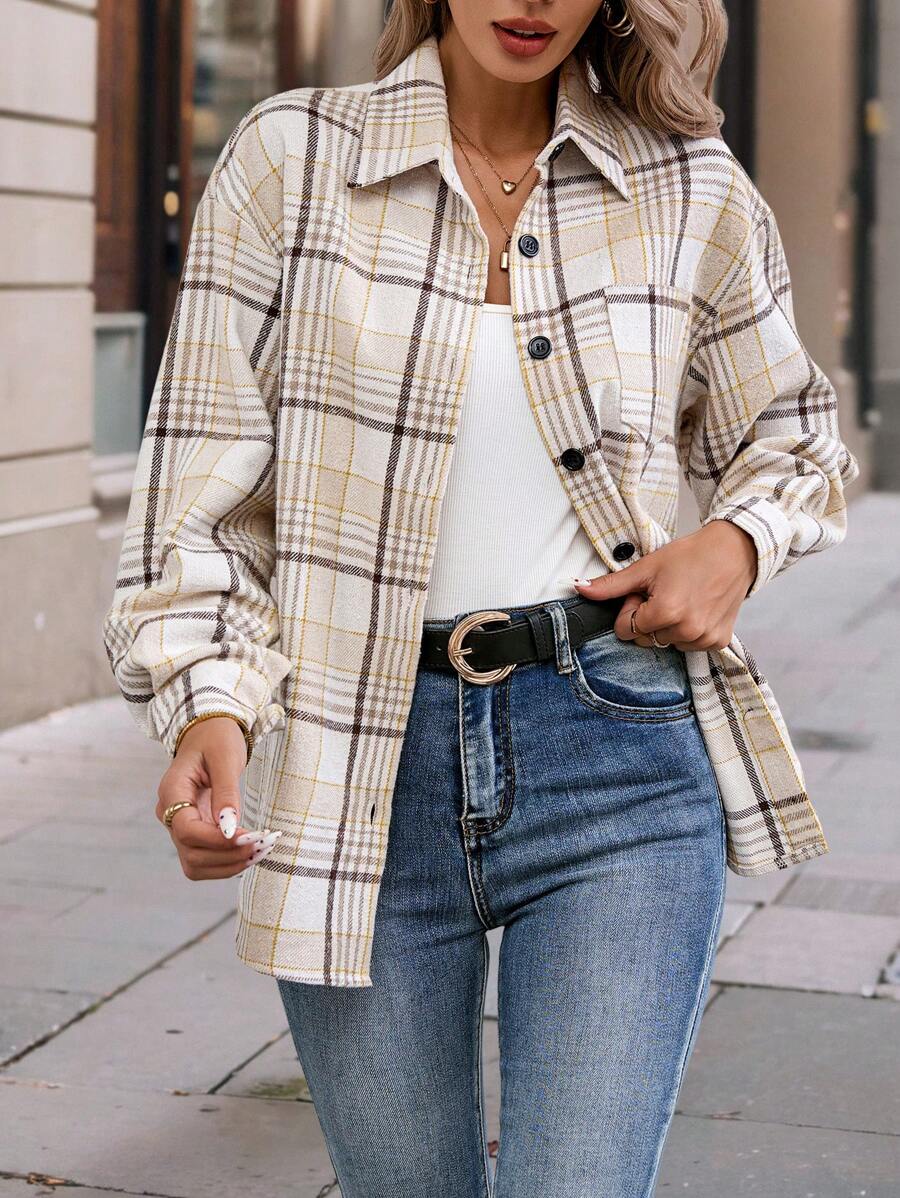 INAWLY Áo sơ mi dài tay cài nút họa tiết kẻ caro thường ngày cho nữ - trắng - Xem 1