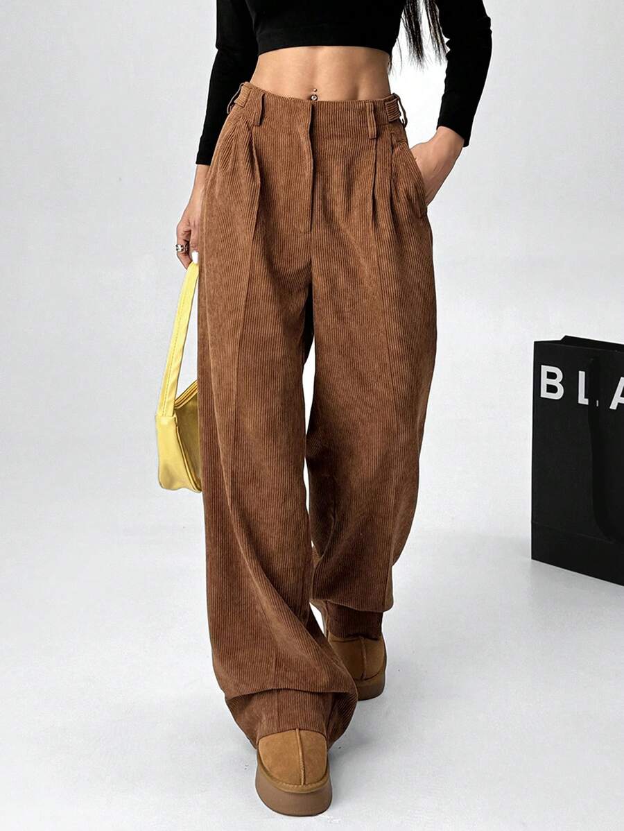 Muchica Quần nhung kẻ thời trang đơn giản cho nữ, thích hợp mặc hàng ngày - màu nâu - Xem 1