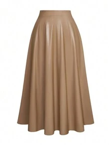 Celure Váy Maxi thời trang thanh lịch bằng da PU màu trơn cỡ lớn cho nữ - Màu Khaki - Xem 1